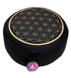 Cojín Zafu de Meditación Flor de La Vida Negro Oro Algodón Orgánico 33x17cm