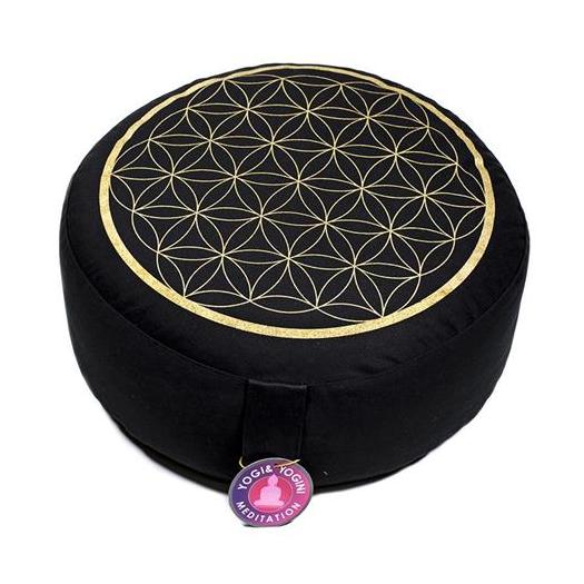 Cojín Zafu de Meditación Flor de La Vida Negro Oro Algodón Orgánico 33x17cm