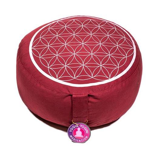 Cojín Zafu de Meditación Flor de La Vida Rojo Plata Algodón Orgánico 33x17cm