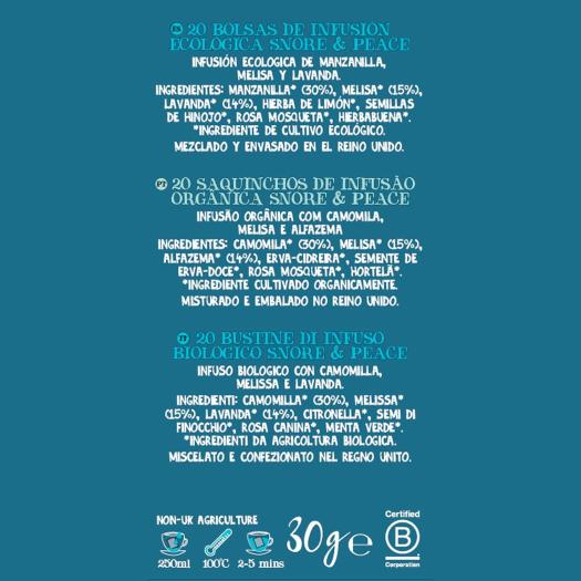 Infusión Snore & Peace con Manzanilla, Melisa y Lavanda Cupper Bio 20 bolsitas