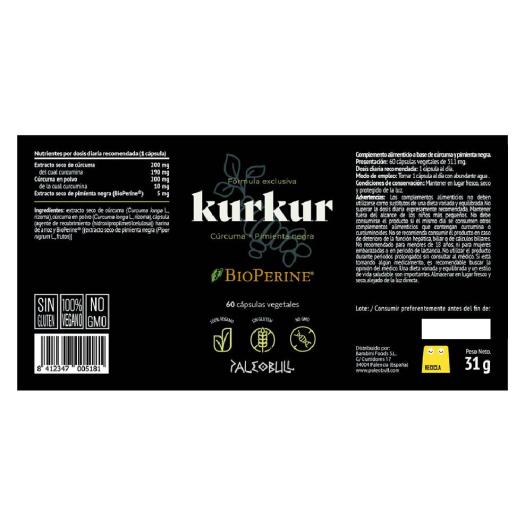 Kurkur con Cúrcuma, Bioperine® Paleobull 60 cápsulas
