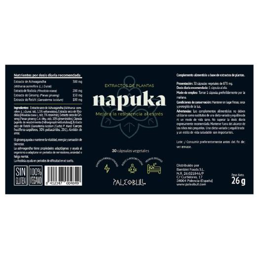 Napuka com Ashwagandha, Rhodiola e Ginseng Paleobull 30 cápsulas