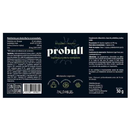 Probull com Probiótico de 30 estirpes, Inulina e Zinco Paleobull 60 cápsulas
