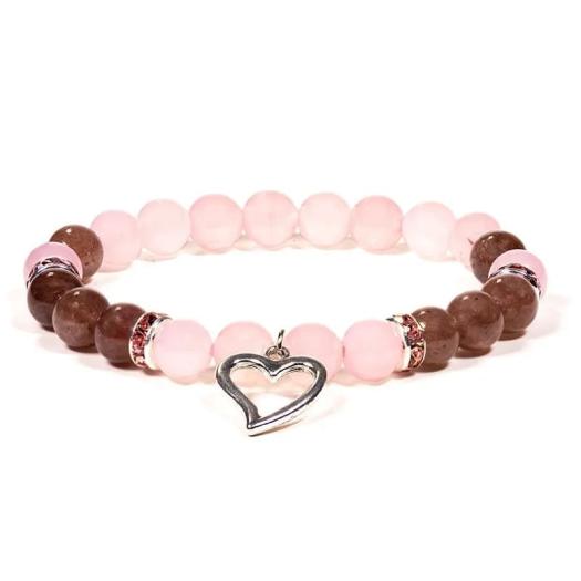 Pulsera de Cuarzo Rosa y Cuarzo Fresa con Corazón 8mm
