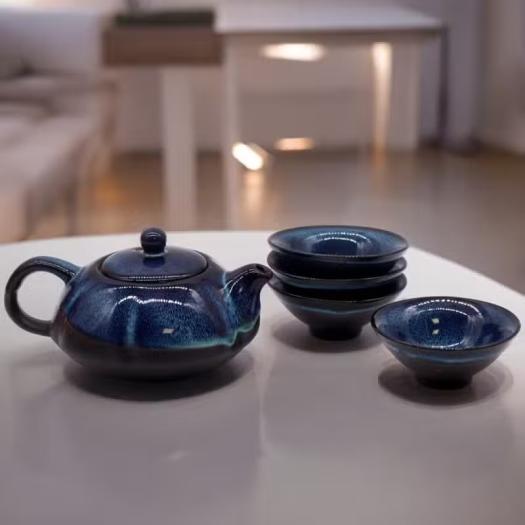 Set de Tetera Cerámica 4 Tazas Azul