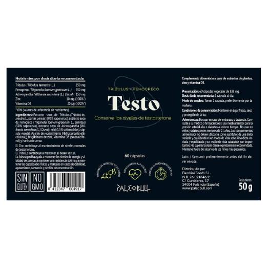 Testo com Tribulus, Fenogreco y Zinc Paleobull 60 cápsulas